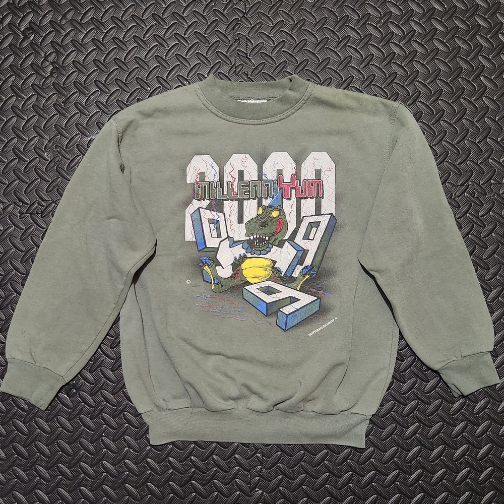 Vintage Northern Getaway MillenniYum Dinosaur Graphic Sweatshirt Kids OliveGreen